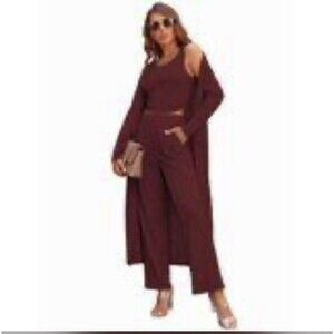 Hotli 3 Piece Burgundy Matching Loungewear Set Wide-Leg Stretchy Soft Pajamas XL